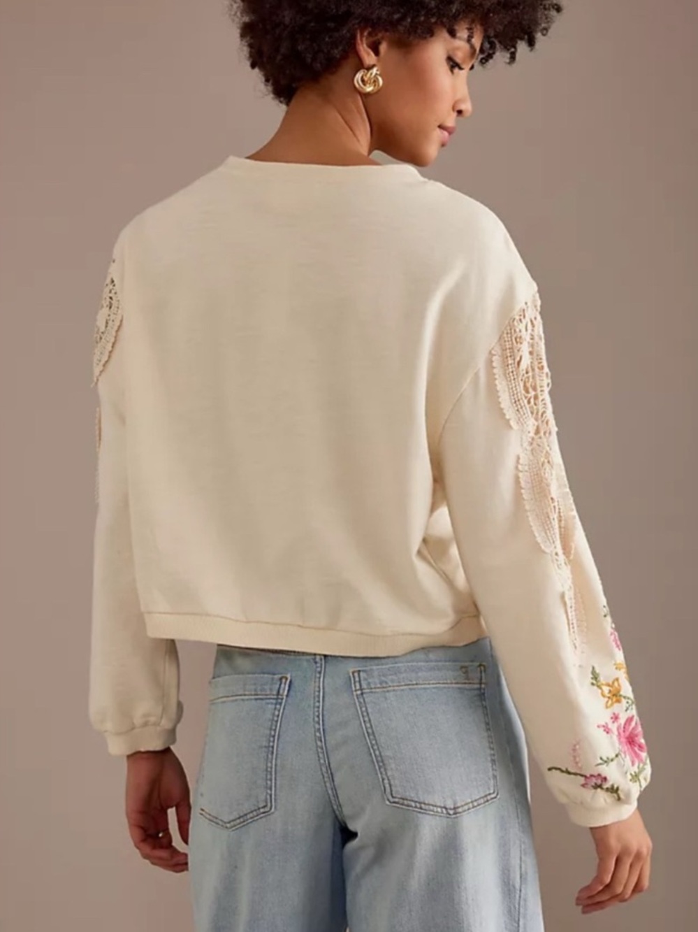 Anthropologie Cream Pullover Sweatshirt Pink/ Green Floral Embroidery Small - Picture 3 of 8